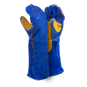 Premium Blue Leather Lined Welding Gloves With Yellow Palm Reinforcing – 20cm Cuff