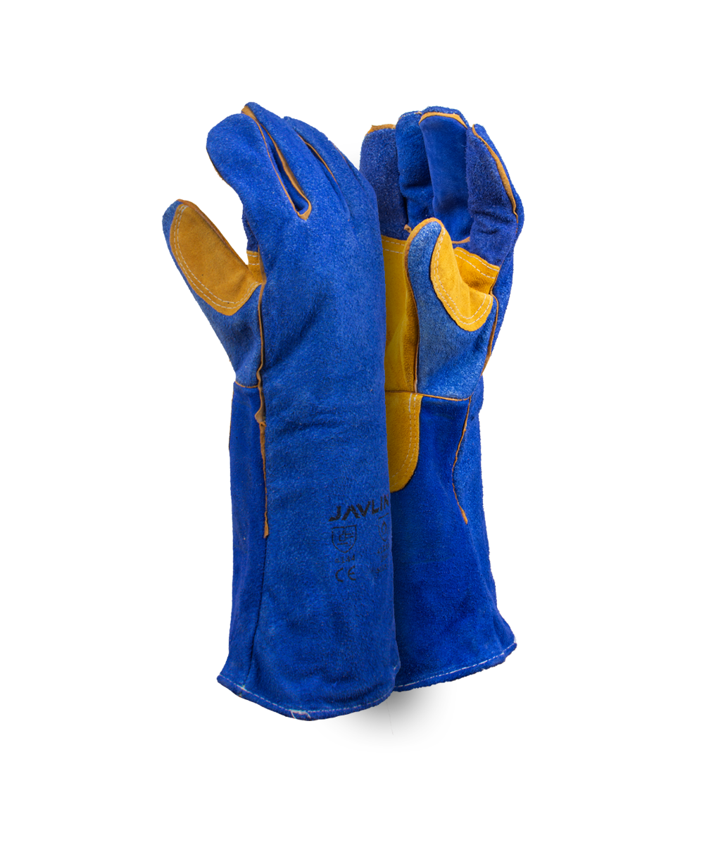 Premium Blue Leather Lined Welding Gloves With Yellow Palm Reinforcing – 20cm Cuff